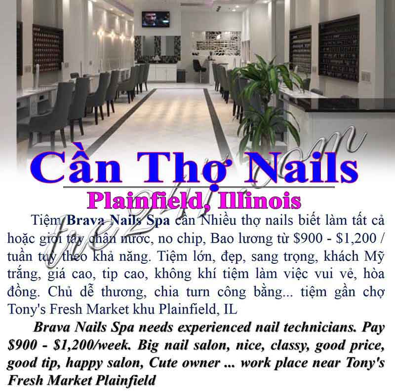 Cần Thợ Nails In Plainfield IL Bao Lương $900-$1,200 / Tuần