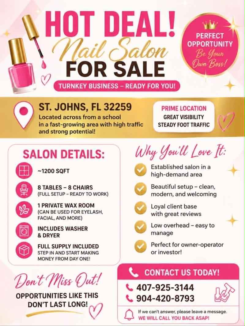 Siêu Hot – Tiệm Nail Nhỏ Xinh, Vị Trí Vàng – St. Johns, Fl