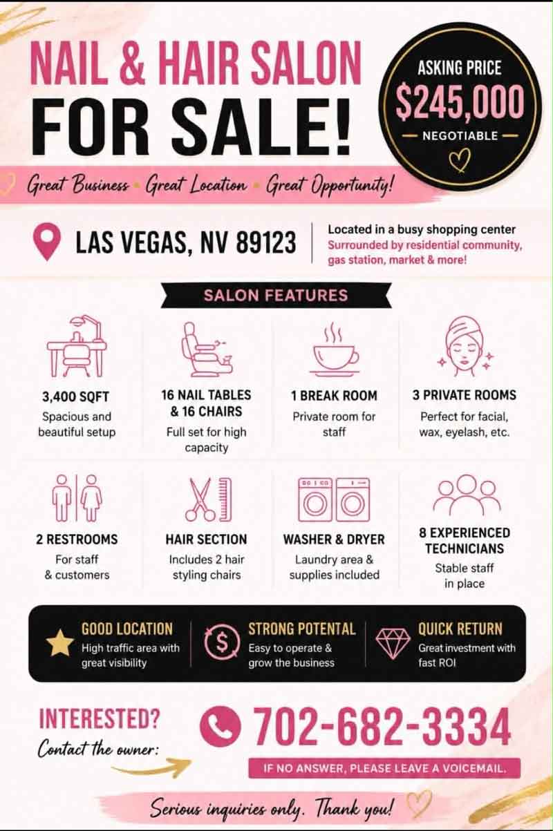 Cần Bán Tiệm Nails & Tóc – Las Vegas, NV 89123