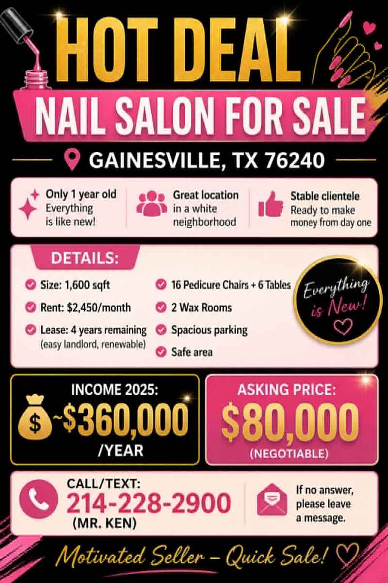 Hot – Sang Tiệm Nail Gấp – Gainesville, TX 76240