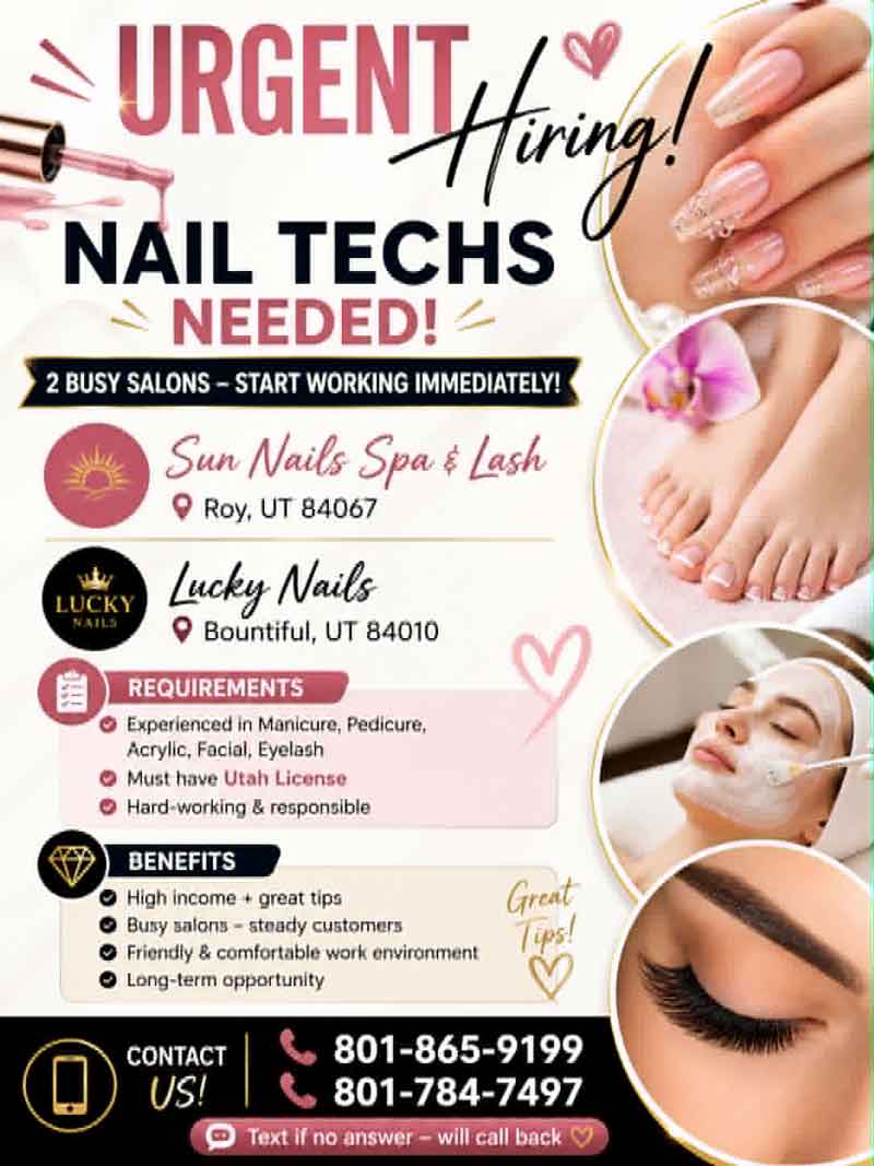 Cần Gấp Thợ Nails – 2 Tiệm Đông Khách – Vào Làm Ngay Ở Utah
