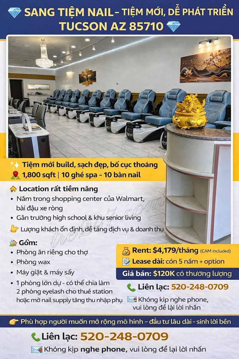 Sang Tiệm Nail – Tiệm Mới, Dễ Phát Triển Tucson AZ 85710