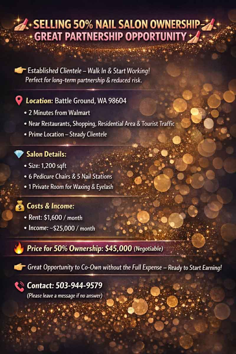 Bán 50% Cổ Phần Tiệm Nail Cơ Hội Hợp Tác Sinh Lời Battle Ground, WA 98604