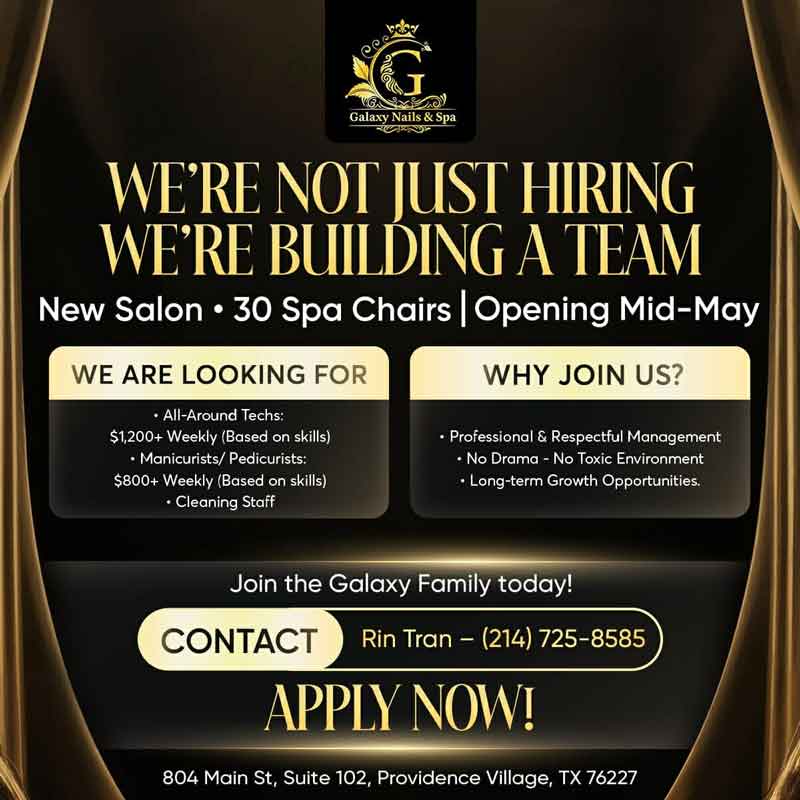 Tuyển Thợ Nail Tại Providence Village TX 76227