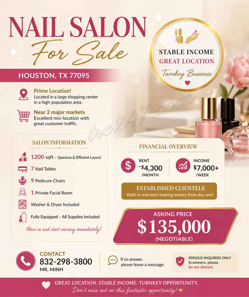 Sang Tiệm Nail – Houston, TX 77095 – Thu Nhập Ổn Định