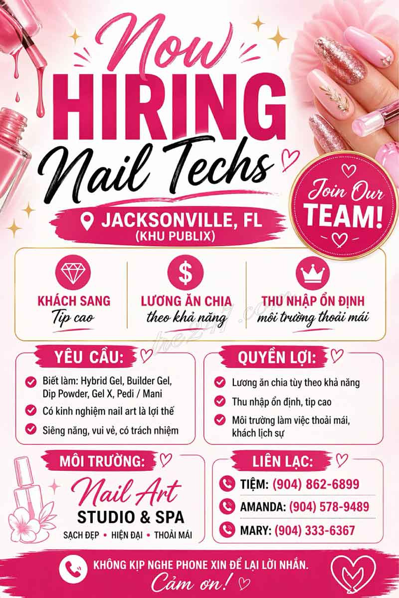 Tuyển Thợ Nail – Khu Publix, Jacksonville, FL