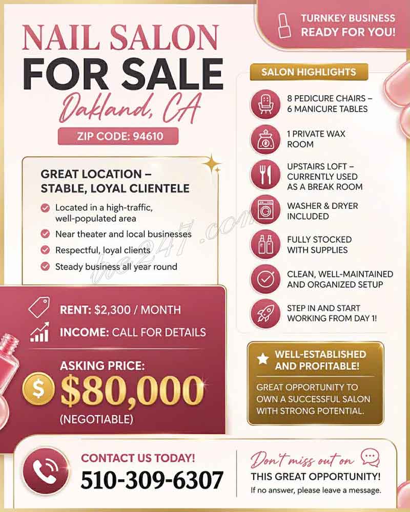 Hot Deal – Cần Sang Gấp Tiệm Nail – Oakland, CA 94610