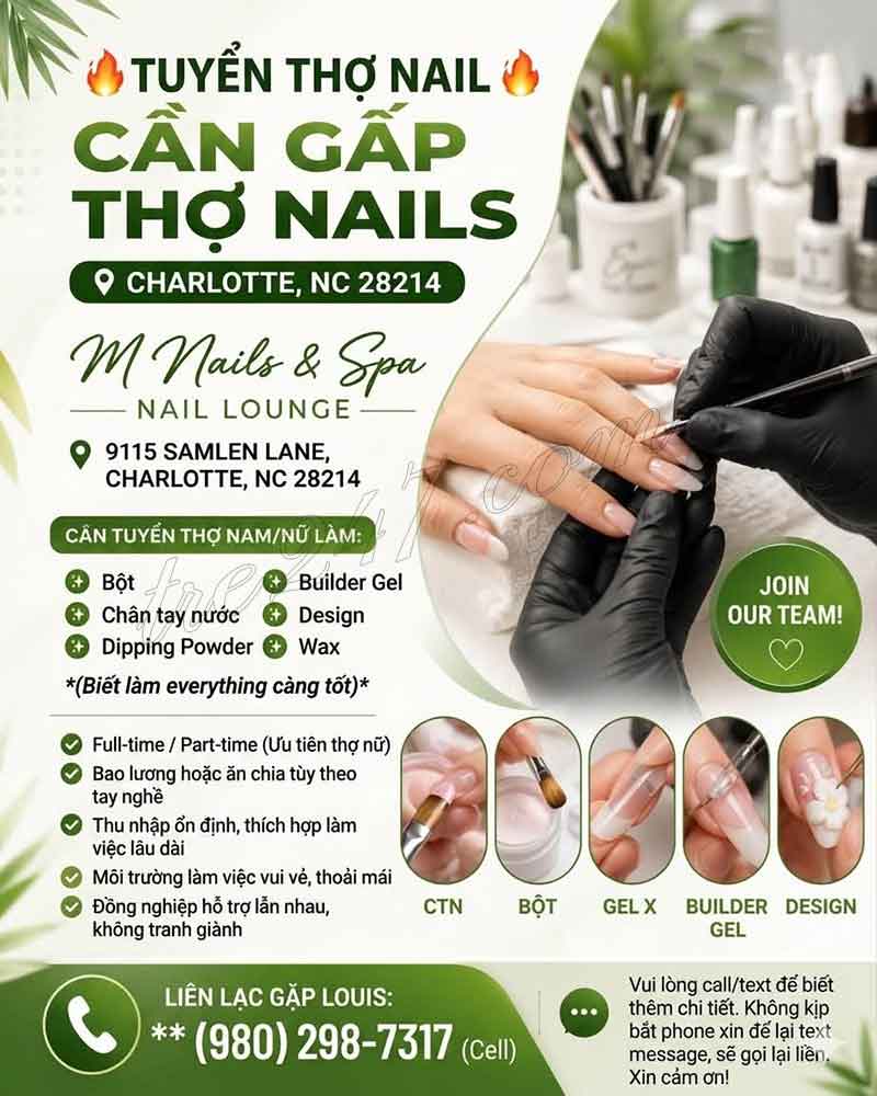 Tiệm Đông khách Cần Gấp Thợ Nails In Charlotte NC
