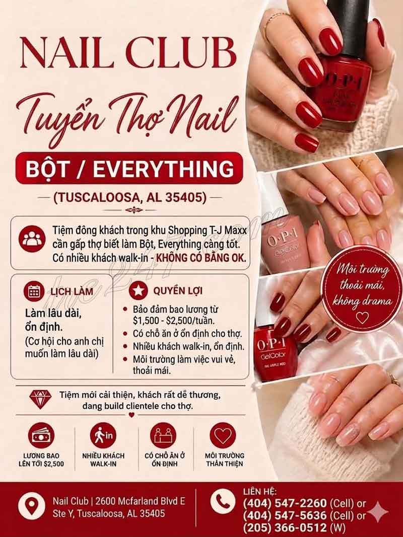 Cần Gấp Thợ Nails Đông Khách In Tuscaloosa AL
