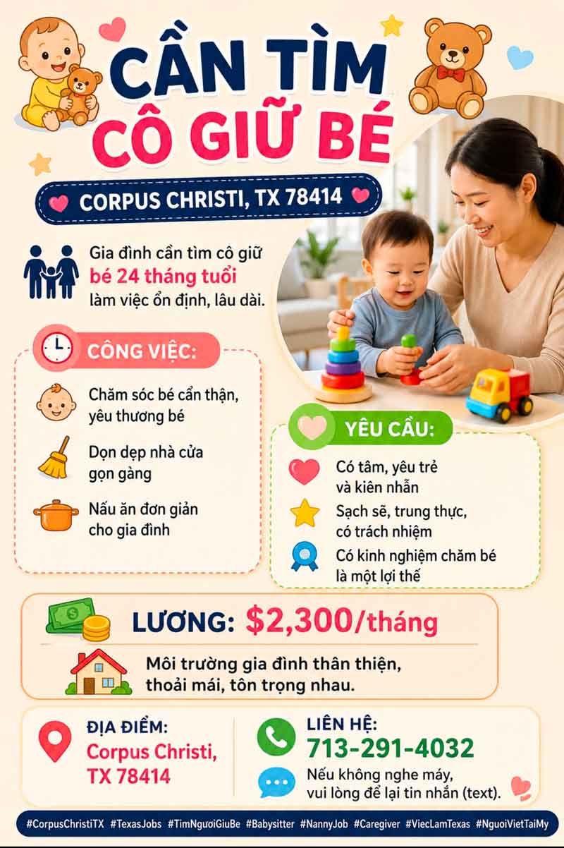 Cần người giữ trẻ tại Corpus Christi, Texas