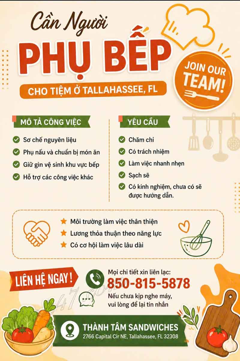Cần Người Phụ bếp Cho Tiệm Ở Tallahassee, FL