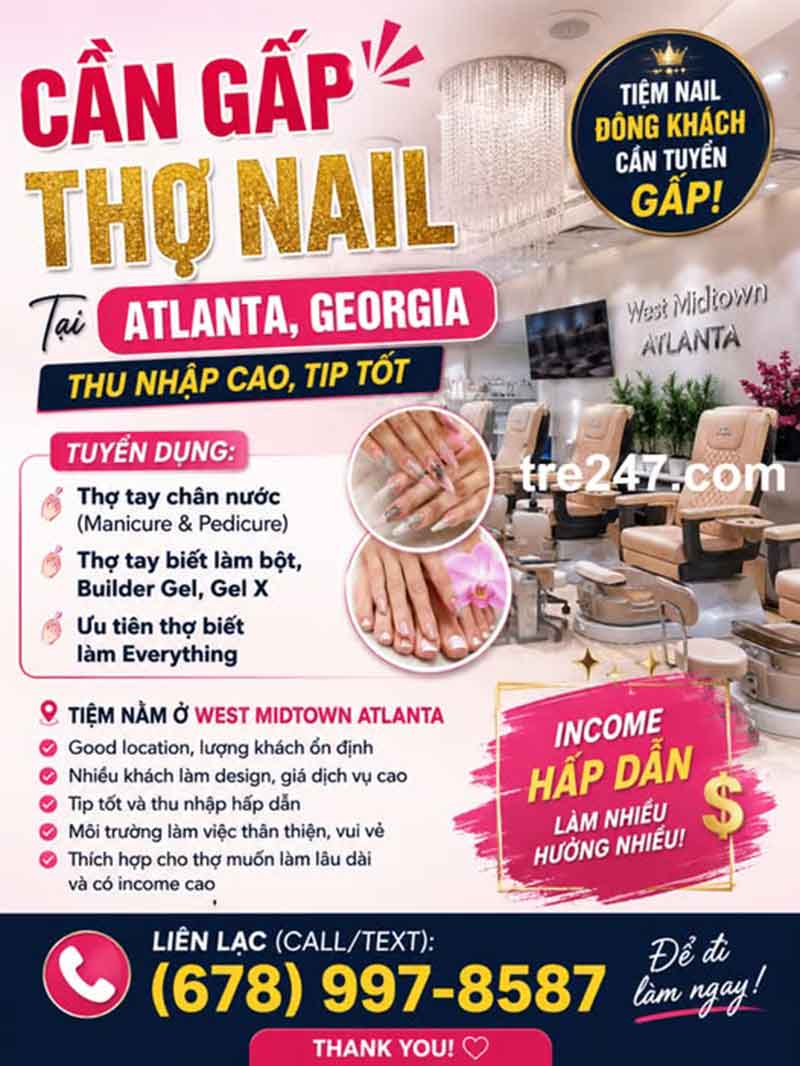 Cần Thợ Nails Atlanta, Georgia - Bột, Tay chân nước, Gel, Design,