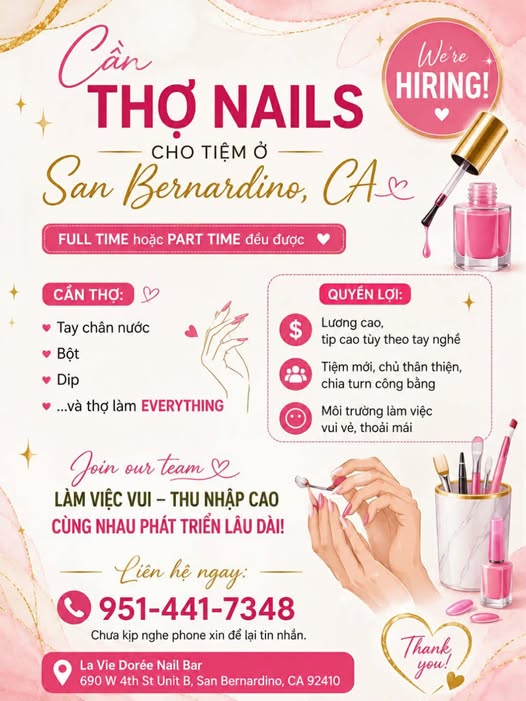 Cần Thợ Nails Cho Tiệm Ở San Bernardino, California - Bột, Tay chân nước, Dip,