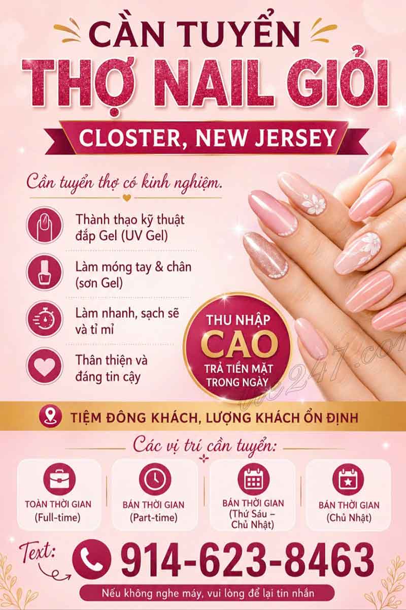 Cần Thợ Nails CLOSTER, New Jersey - Tay chân nước, Gel, Design
