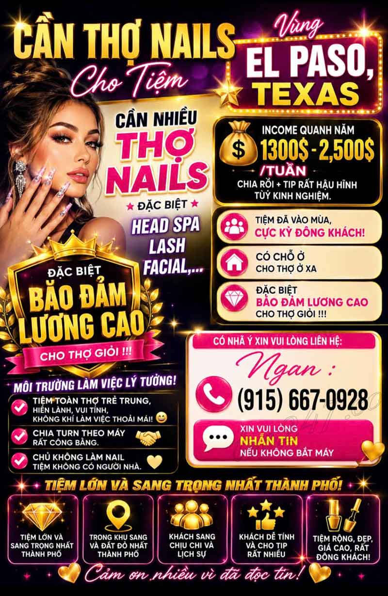 Cần Thợ Nails El Paso, Texas - Lương Tốt