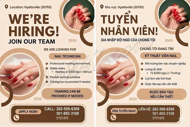 Cần Thợ Nails Hyattsville, Maryland - Lương Tốt