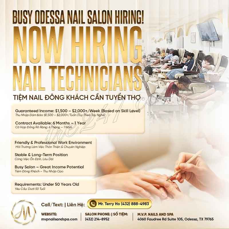 Cần Thợ Nails Odessa, Texas - Thu Nhập Ổn Định