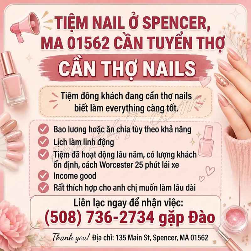 Cần Thợ Nails Spencer, Massachusetts - Bao Lương Hoặc Ăn Chia