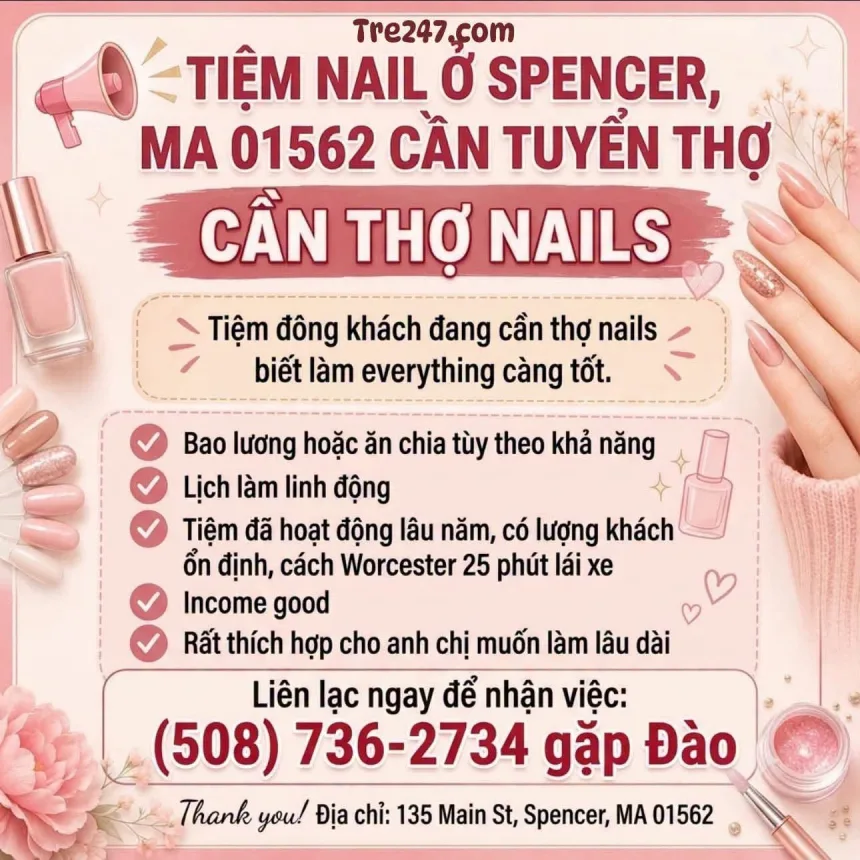 Cần Thợ Nails Spencer, Massachusetts - Bao Lương Hoặc Ăn Chia