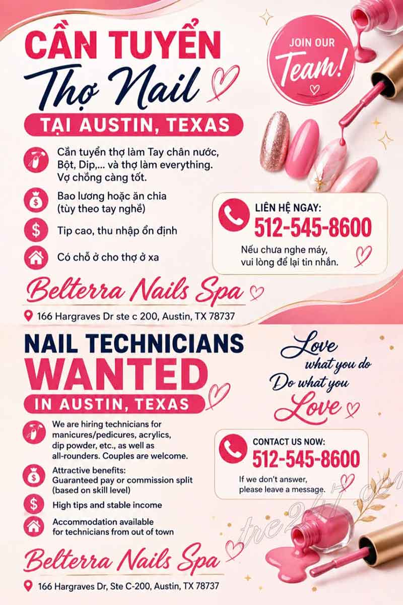 Cần Thợ Nails Tại Austin, Texas - Bao Lương Hoặc Ăn Chia