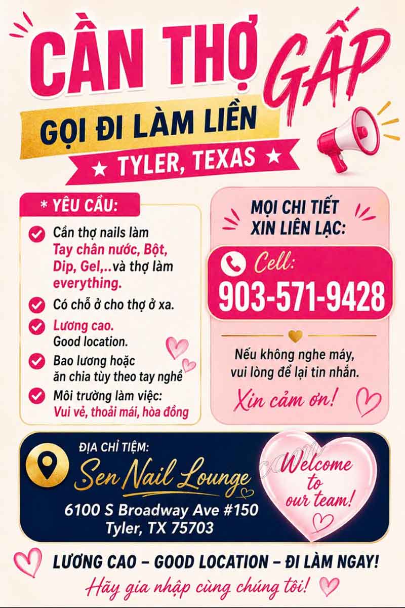 Cần Thợ Nails Tyler, Texas - Bao Lương Hoặc Ăn Chia