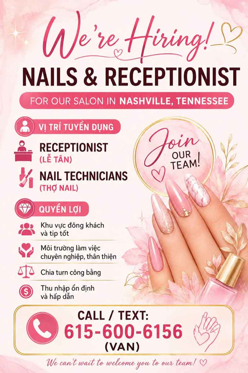 Cần Tuyển Thợ Nails Và Receptionist Cho Tiệm Ở Nashville, Tennessee