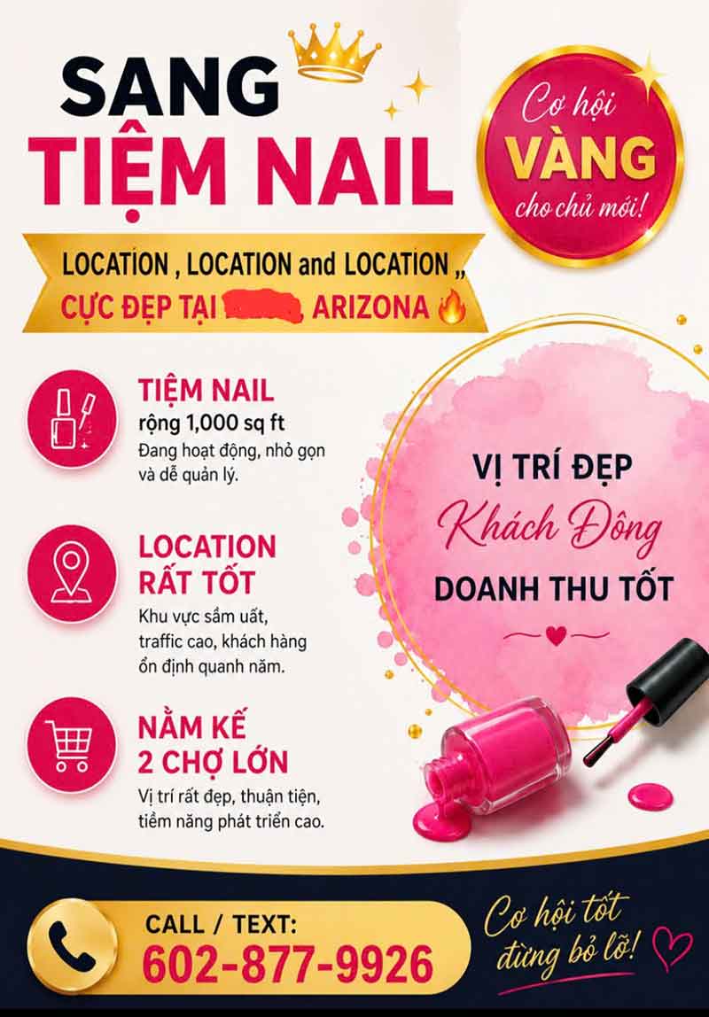 SANG TIỆM NAIL – LOCATION, LOCATION and LOCATION,, CỰC ĐẸP TẠI ARIZONA