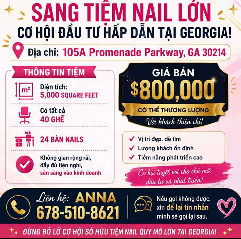 Sang Tiệm Nails Fayetteville, Georgia - Giá Sang Tốt