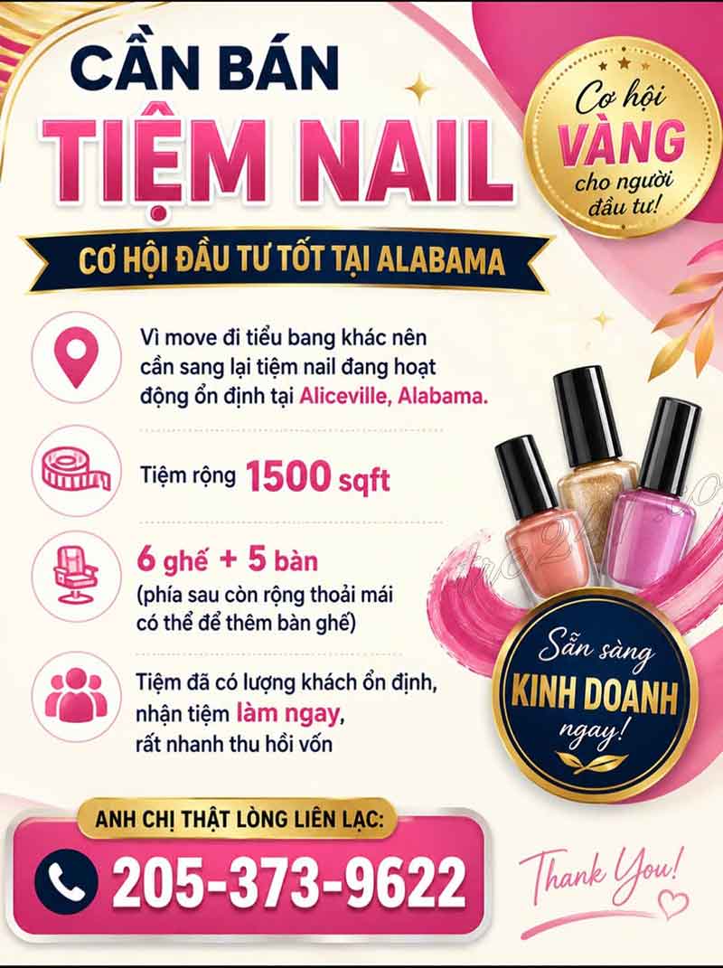 Sang Tiệm Nails Tại  Alabama - Vị Trí Tốt