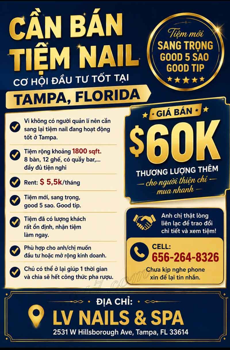 Sang Tiệm Nails Tampa, Florida - Rent Hợp Lý