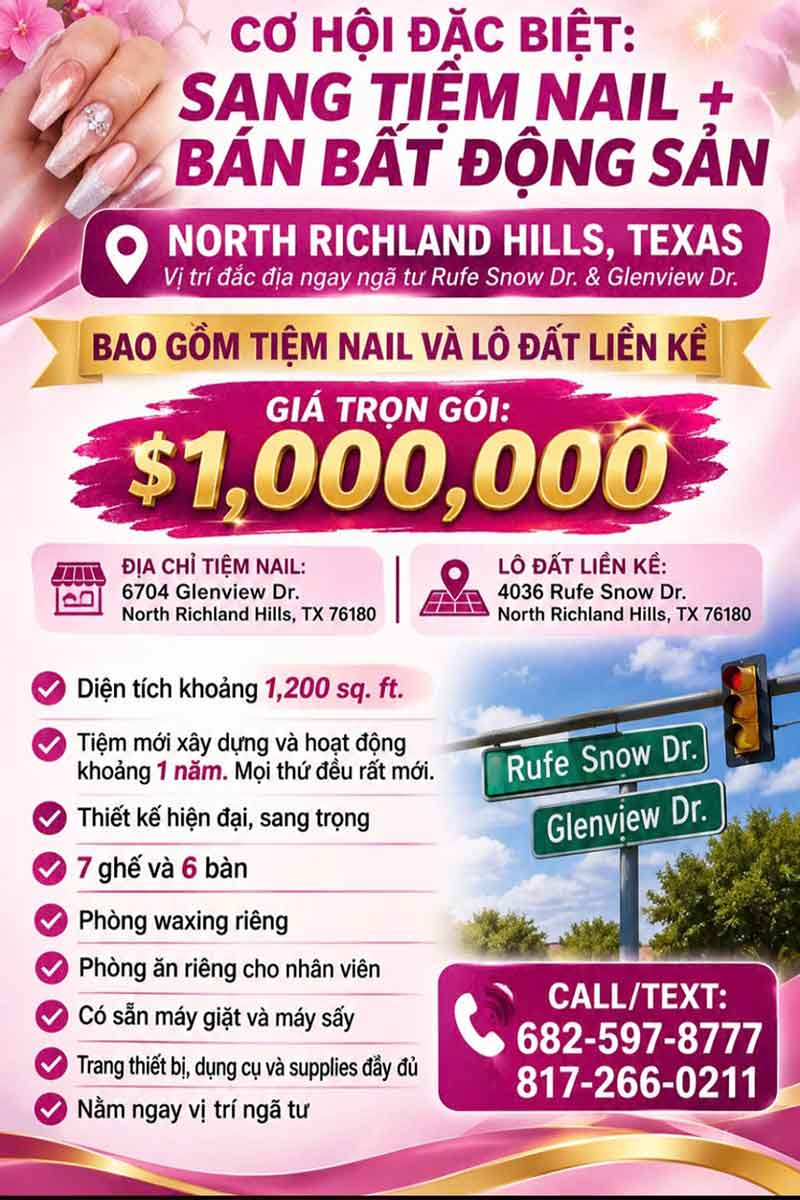Sang Tiệm Nails Và Bán Bất Động Sản Tại North Richland Hills, Texas - Vị Trí Tốt
