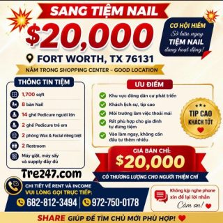 Sang Gấp Tiệm Nail Đang Hoạt Động Tốt Tại Fort Worth, TX